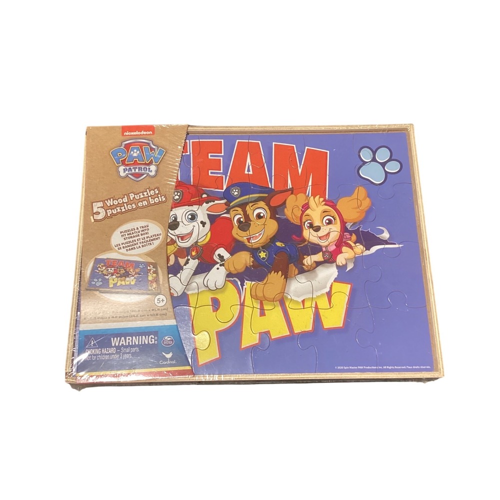 Paw Patrol 5 Wood Puzzles in Wooden Storage Box Cardinal Games Nickelodeon New